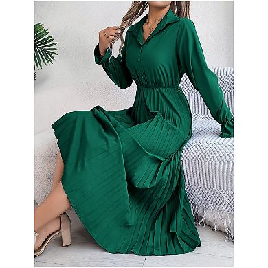 Women Pleated Dress Long Sleeve Button Down With Belt A-Line Flowing Dress