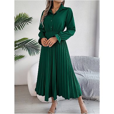 Women Pleated Dress Long Sleeve Button Down With Belt A-Line Flowing Dress