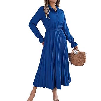 Women Pleated Dress Long Sleeve Button Down With Belt A-Line Flowing Dress