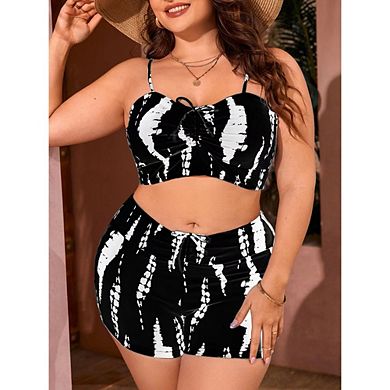 Womens Plus Drawstring High Waisted Bikini Set Srting Swimsuit Spaghetti Strap Cami Top 2 Piece