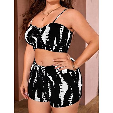 Womens Plus Drawstring High Waisted Bikini Set Srting Swimsuit Spaghetti Strap Cami Top 2 Piece