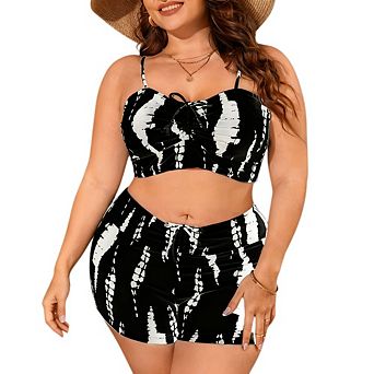 Womens Plus Drawstring High Waisted Bikini Set Srting Swimsuit Spaghetti Strap Cami Top 2 pc