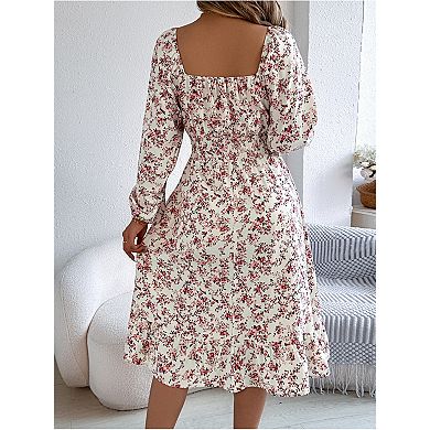 Women Long Sleeve Square Neck Dress Casual Boho Floral Print Flowy Midi Dresses High Waist
