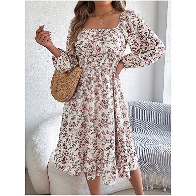Women Long Sleeve Square Neck Dress Casual Boho Floral Print Flowy Midi Dresses High Waist