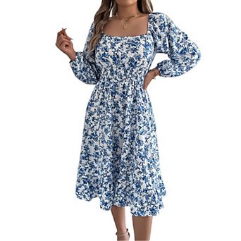 Women Long Sleeve Square Neck Dress Casual Boho Floral Print Flowy Midi Dresses High Waist