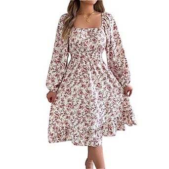 Women Long Sleeve Square Neck Dress Casual Boho Floral Print Flowy Midi Dresses High Waist