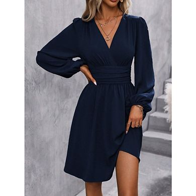 Womens Casual A Line Dress Deep V Neck Tiered Long Sleeve Fit Swing Dress Loose Ruffled Dresses
