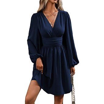Womens Casual A Line Dress Deep V Neck Tiered Long Sleeve Fit Swing Dress Loose Ruffled Dresses