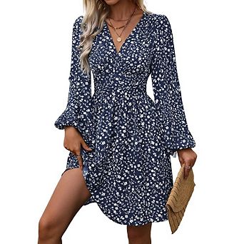 Womens Casual A Line Dress Deep V Neck Tiered Long Sleeve Fit Swing Dress Loose Ruffled Dresses
