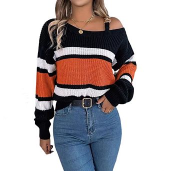 Women's Striped Print Asymmetry Drop Shoulder Buckle Decor Sweater Casual Pullover Knitwear Tops