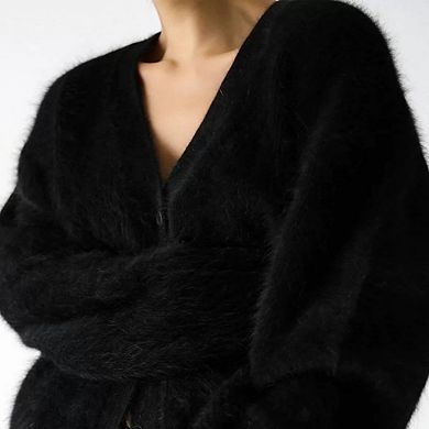 Fuzzy Cardigans for Women Slouchy V Neck Long Sleeve Button Down Oversized Casual Sweater