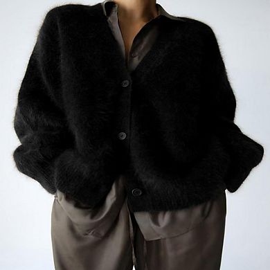 Fuzzy Cardigans for Women Slouchy V Neck Long Sleeve Button Down Oversized Casual Sweater