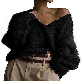 Fuzzy Cardigans for Women Slouchy V Neck Long Sleeve Button Down Oversized Casual Sweater