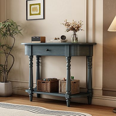 Whisen Narrow Retro Console Table with Curved Corner, Top Drawer and Open Shelf