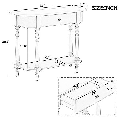Whisen Narrow Retro Console Table with Curved Corner, Top Drawer and Open Shelf