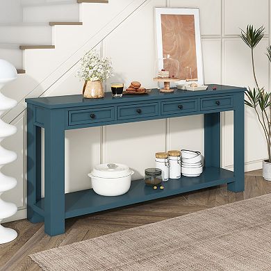 Whsien Rustic Rectangle Wood Console Table with Four Storage Drawers and Bottom Shelf