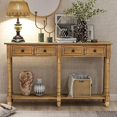 Whisen Rustic Rectangle Wood Console Table with Drawers and Bottom Shelf