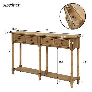 Whisen Rustic Rectangle Wood Console Table with Drawers and Bottom Shelf