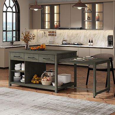 Whisen Extendable Kitchen Island on Wheels with 3 Drawers, Open Shelves and Built-In Power Outlets