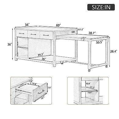 Whisen Extendable Kitchen Island on Wheels with 3 Drawers, Open Shelves and Built-In Power Outlets