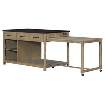 Whisen Extendable Kitchen Island on Wheels with 3 Drawers, Open Shelves and Built-In Power Outlets