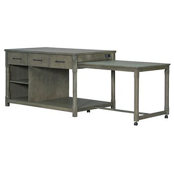 Whisen Extendable Kitchen Island on Wheels with 3 Drawers, Open Shelves and Built-In Power Outlets