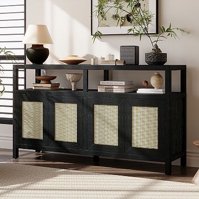 Whisen Bohemian Style Rattan Buffet Storage Cabinet with Solid Wood Frame and 3 Adjustable Shelves