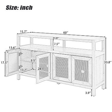 Whisen Bohemian Style Rattan Buffet Storage Cabinet with Solid Wood Frame and 3 Adjustable Shelves