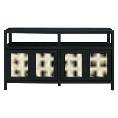 Whisen Bohemian Style Rattan Buffet Storage Cabinet with Solid Wood Frame and 3 Adjustable Shelves