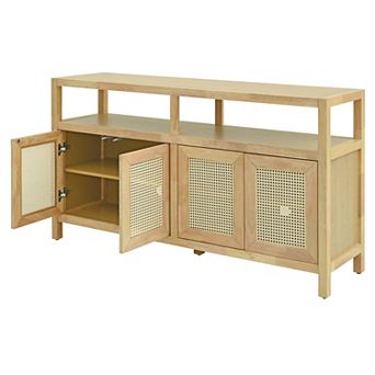Whisen Bohemian Style Rattan Buffet Storage Cabinet with Solid Wood Frame and 3 Adjustable Shelves