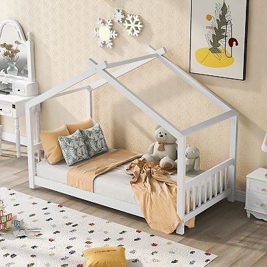Whisen Twin Size House Platform Bed with Headboard and Footboard, Roof Design