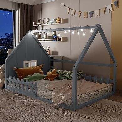 Whisen Wooden House Bed with Window and Fence