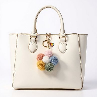Multicolor Pom Pom Keychain with Gold Flower Charm and Smiley Accent