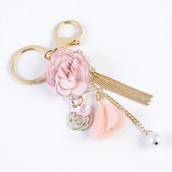 Pink Flower Tassel Keychain with Pearl Accent and Gold Metal Details