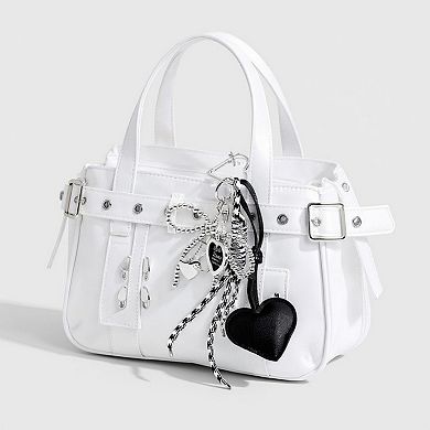 Heart Charm Keychain with Silver Chain Details and Bow Accent