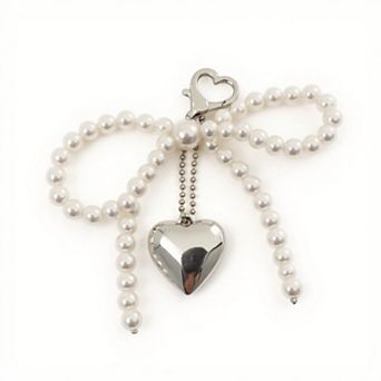 Pearl Beaded Bow Keychain with Silver Heart Charm and Heart Clip