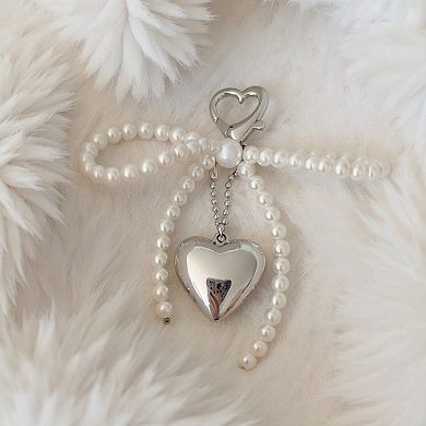 Pearl Beaded Bow Keychain with Silver Heart Charm and Heart Clip