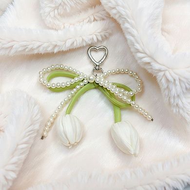 Pearl Bow Keychain with Satin Tulip Charms and Ribbon Accent