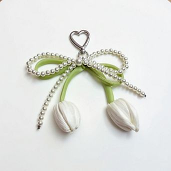 Pearl Bow Keychain with Satin Tulip Charms and Ribbon Accent