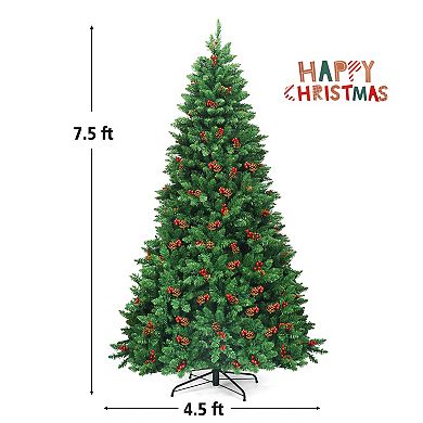 Gymax 7.5FT Pre-Lit Christmas Tree Hinged Artificial Tree Decoration w/ LED Lights
