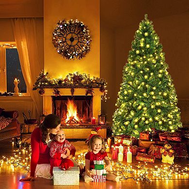 Gymax 7.5FT Pre-Lit Christmas Tree Hinged Artificial Tree w/ Metal Stand LED Lights