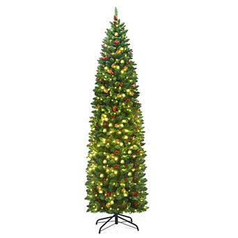 Gymax 7.5Ft Pre-Lit Pencil Christmas Tree Hinged Artificial Slim Tree w/ LED Lights