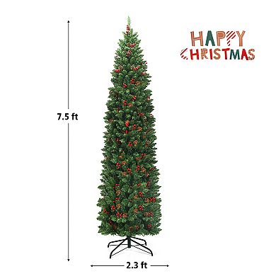 Gymax 7.5Ft Pre-Lit Pencil Christmas Tree Hinged Artificial Slim Tree w/ LED Lights