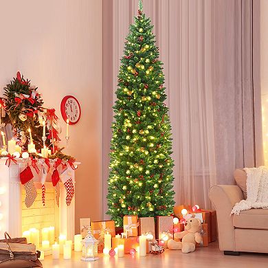 Gymax 7.5Ft Pre-Lit Pencil Christmas Tree Hinged Artificial Slim Tree w/ LED Lights