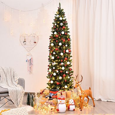 Gymax 7.5Ft Pre-Lit Pencil Christmas Tree Hinged Artificial Slim Tree w/ LED Lights
