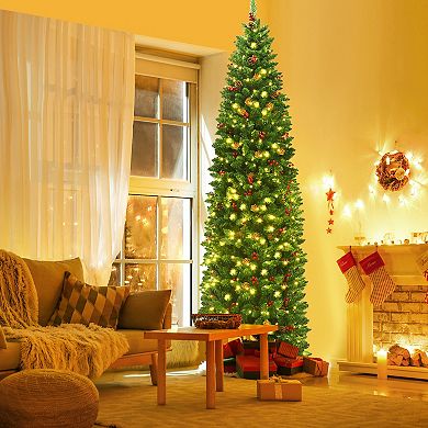 Gymax 7.5Ft Pre-Lit Pencil Christmas Tree Hinged Artificial Slim Tree w/ LED Lights