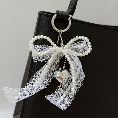 Lace Bow Charm Keychain with Pearl Trim and Silver Heart Pendant