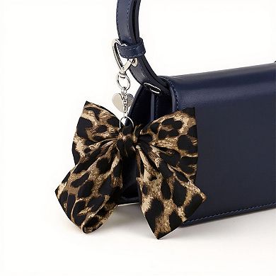 Leopard Print Fabric Bow Keychain with Silver Heart Clip Charm