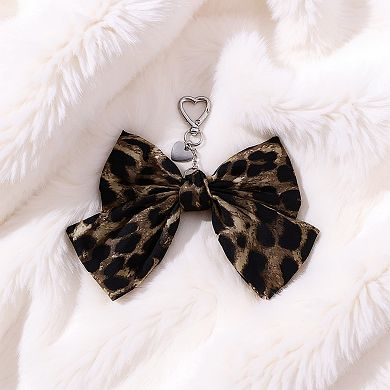 Leopard Print Fabric Bow Keychain with Silver Heart Clip Charm