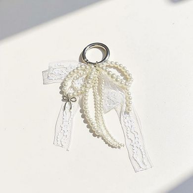 Pearl and Lace Bow Keychain with Silver Ring and Charm Accent